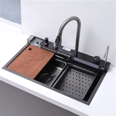 Vòng Tay Màn Hình Hiển Thị Đèn LED Phím Đàn Piano Nano Đen Bồn Rửa Chén Bát Đôi Undermount Cốc Máy Giặt Thép Không Gỉ Handmade Thác Nước